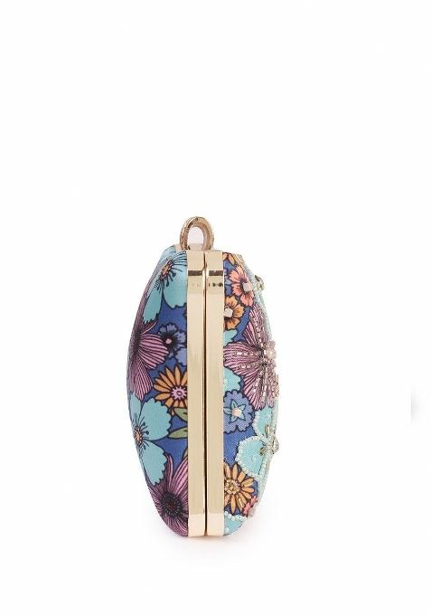 Floral Printed Embellished Box Clutch