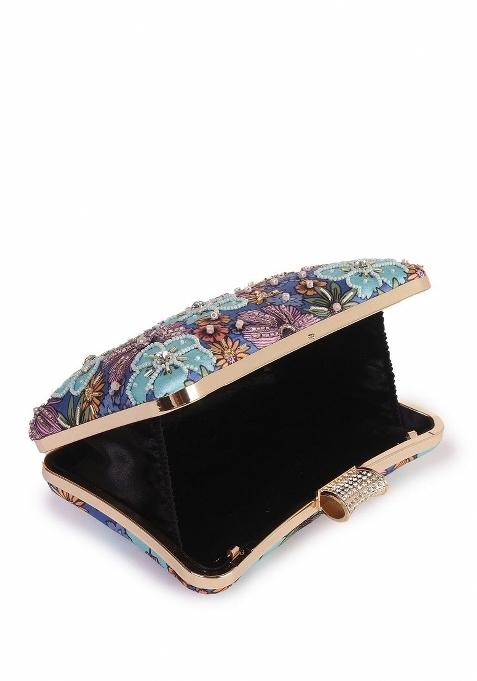 Floral Printed Embellished Box Clutch
