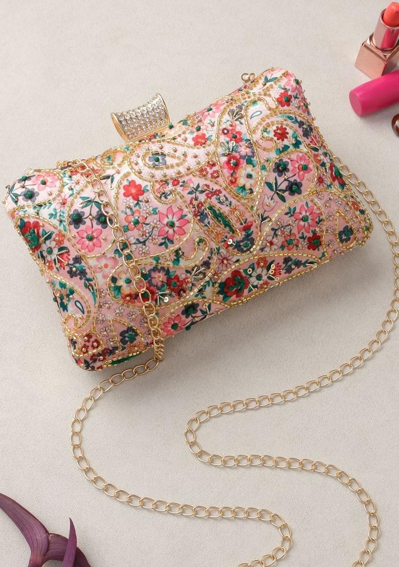 Floral Printed Embellished Box Clutch