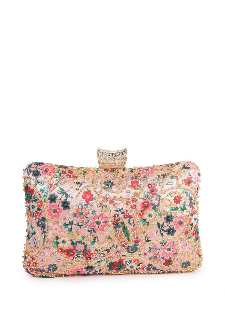 Floral Printed Embellished Box Clutch