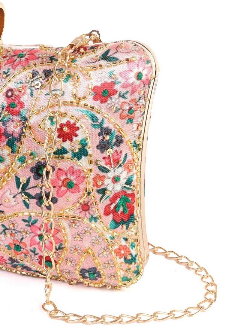 Floral Printed Embellished Box Clutch