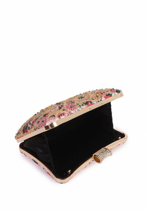 Floral Printed Embellished Box Clutch