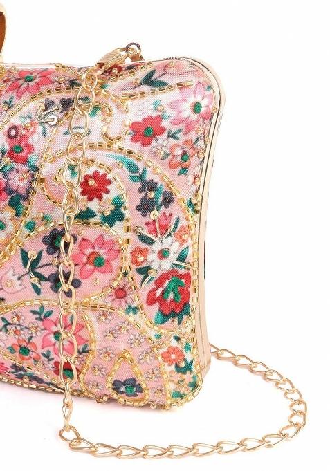 Floral Printed Embellished Box Clutch