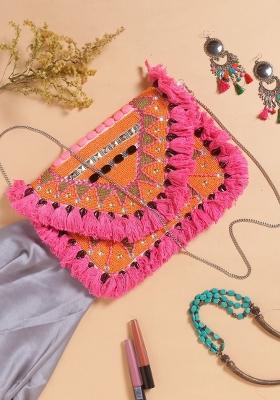 Embellished Fringed Detail Foldover Clutch