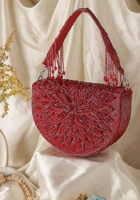 Embellished Structured Clutch Bag With Fringed