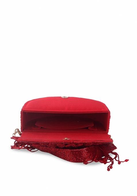 Embellished Structured Clutch Bag With Fringed