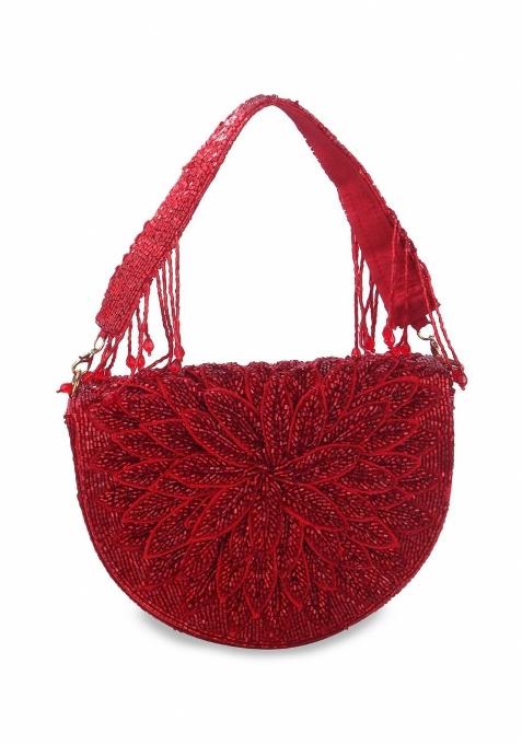 Embellished Structured Clutch Bag With Fringed