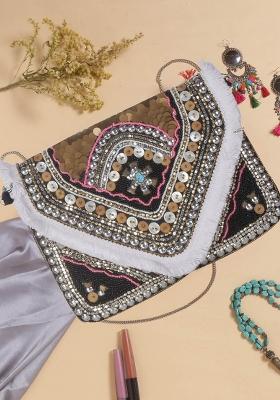 Embellished Fringed Foldover Clutch