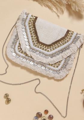 Embellished Fringed Jute Envelope Clutch