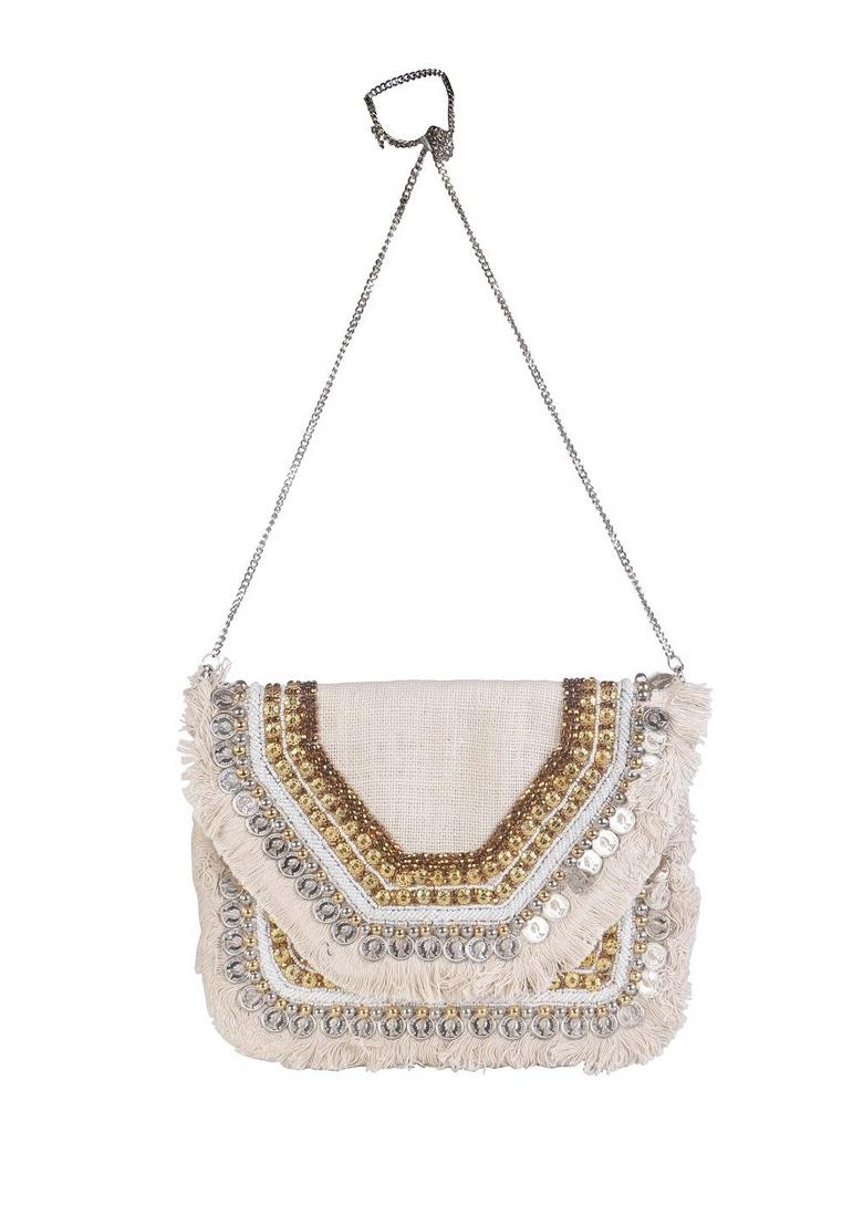 Embellished Fringed Jute Envelope Clutch - Indya