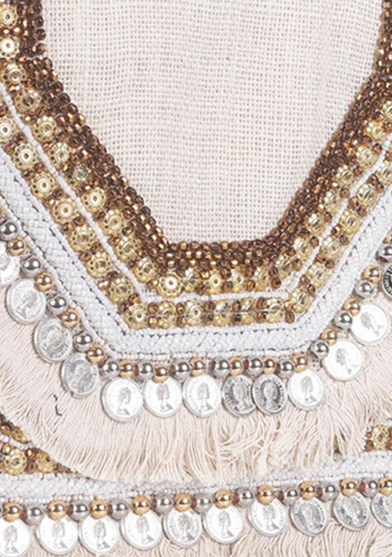 Embellished Fringed Jute Envelope Clutch - Indya