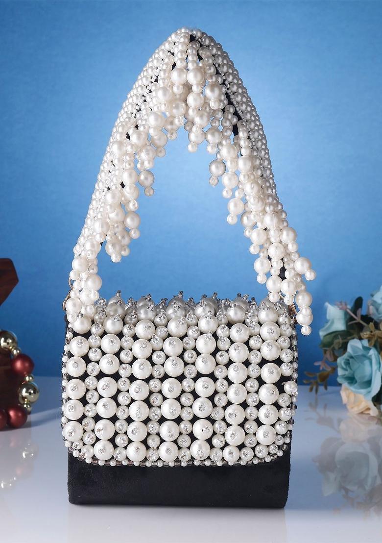 Black White Embellished Foldover Clutch