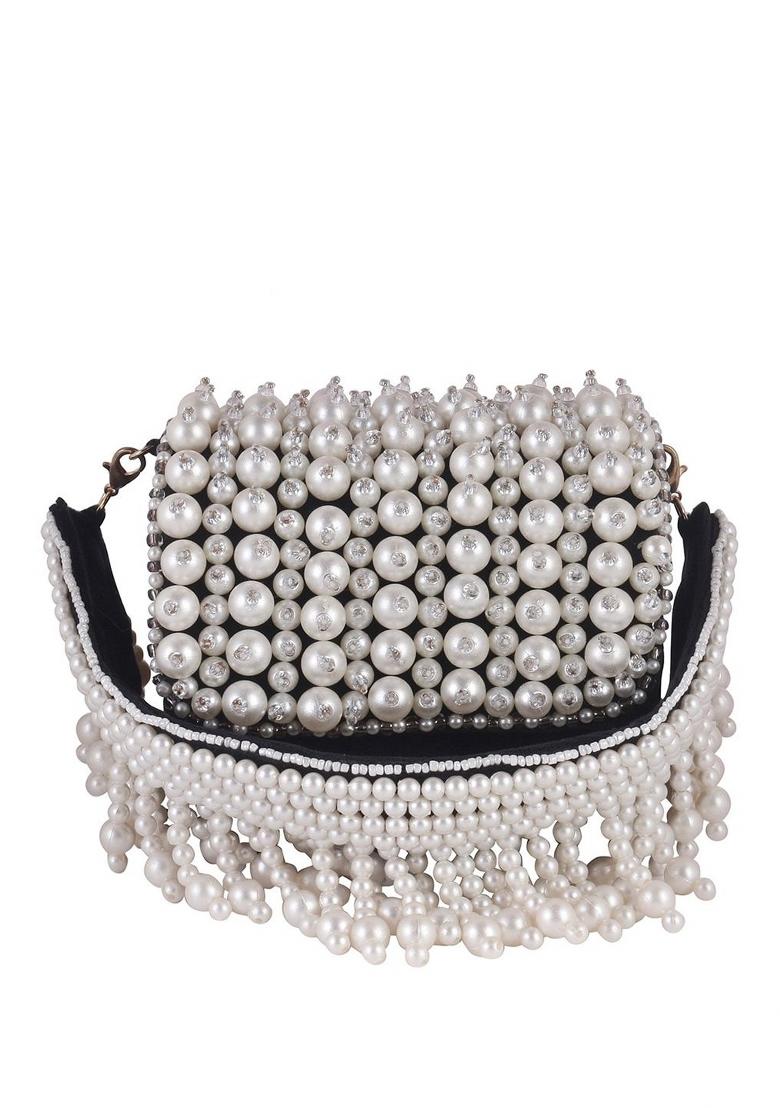 Black White Embellished Foldover Clutch