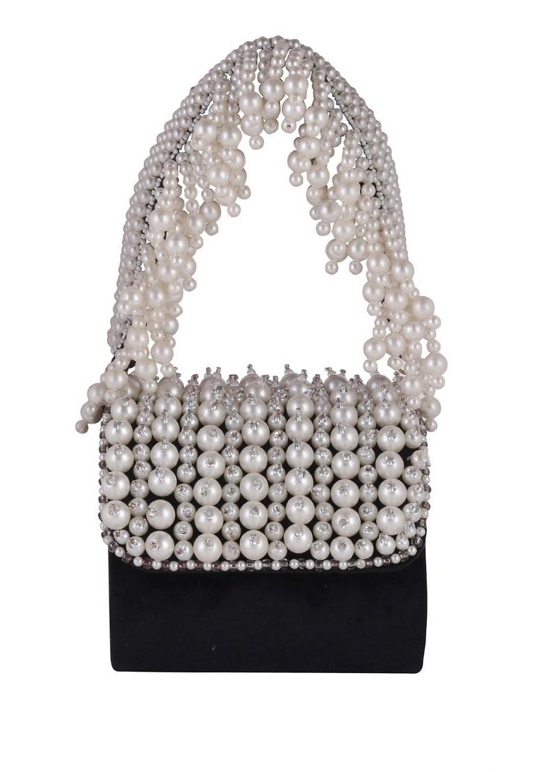 Black White Embellished Foldover Clutch