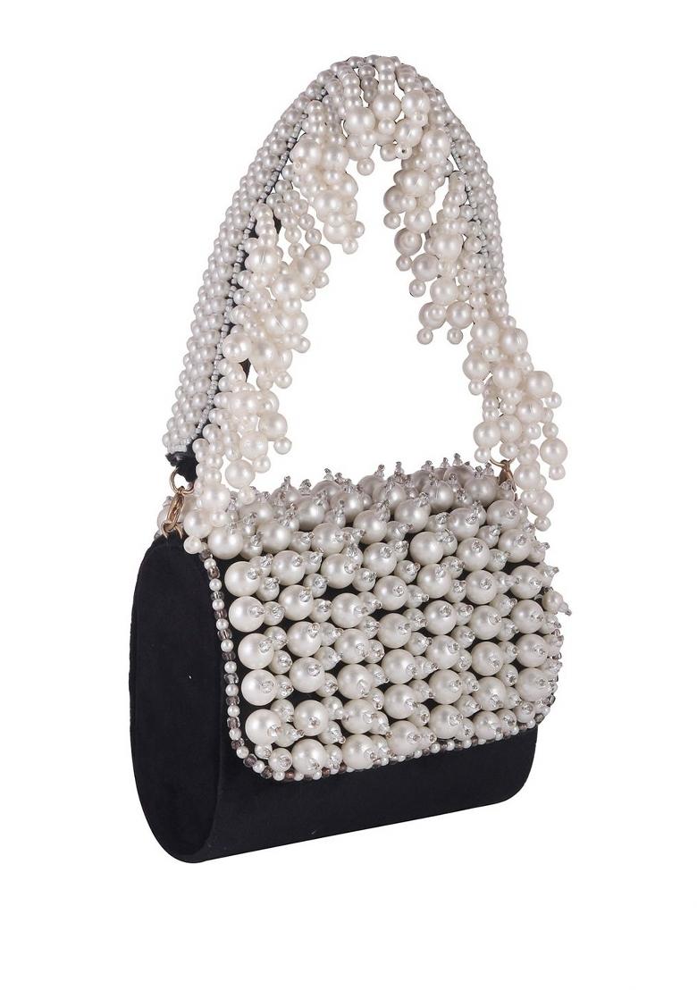 Black White Embellished Foldover Clutch