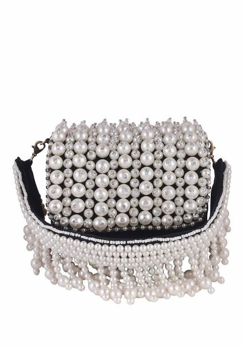 Black White Embellished Foldover Clutch