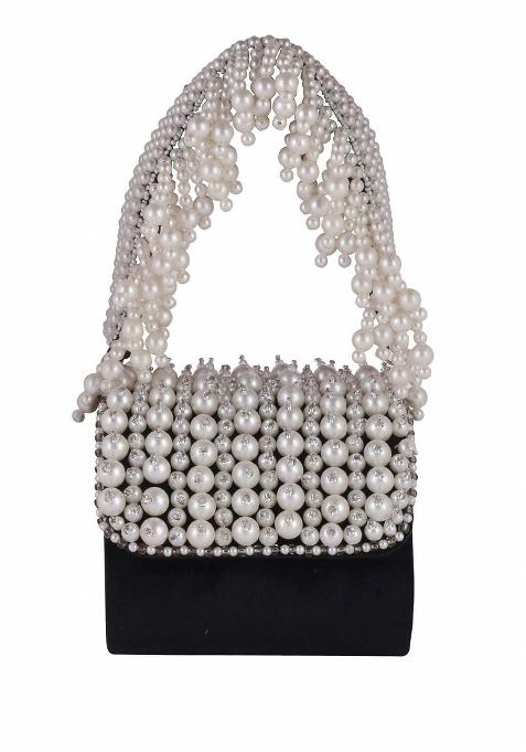 Black White Embellished Foldover Clutch
