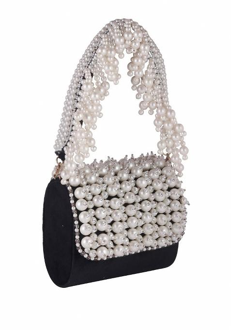 Black White Embellished Foldover Clutch