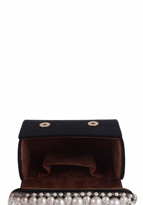 Black White Embellished Foldover Clutch