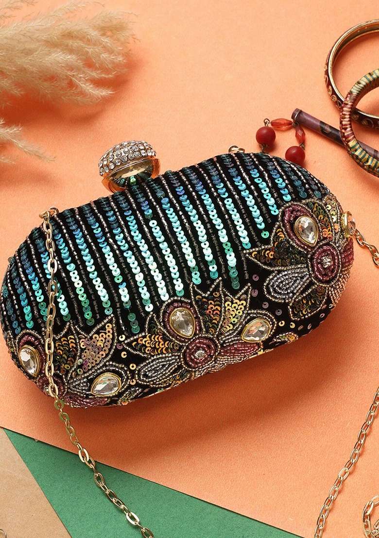 Women Embellished Fabric Box Clutch - Indya