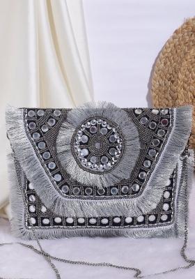 Women Embellished Fabric Foldover Clutch