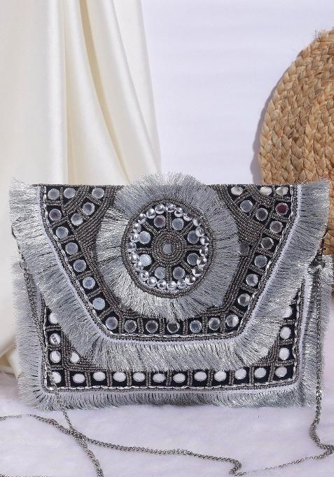 Women Embellished Fabric Foldover Clutch