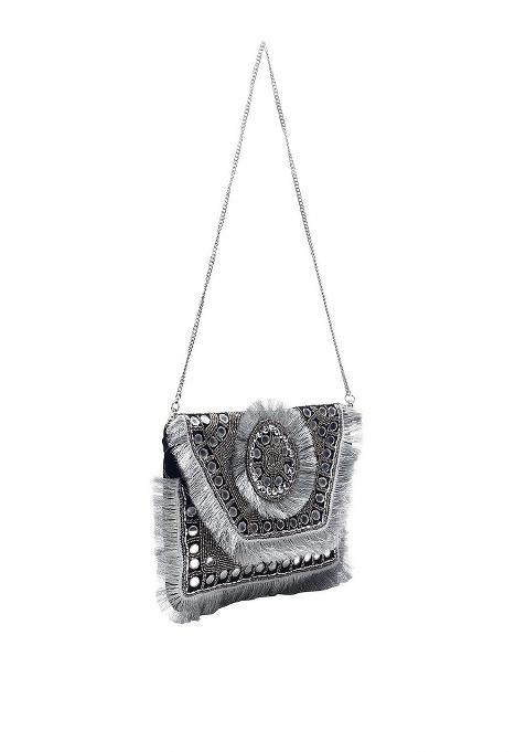 Women Embellished Fabric Foldover Clutch