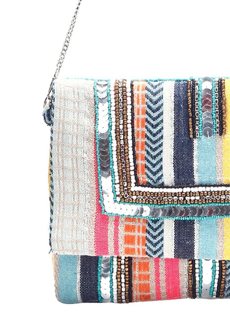 Women Embellished Fabric Foldover Clutch