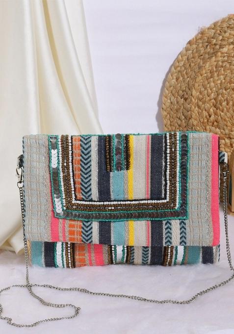 Women Embellished Fabric Foldover Clutch