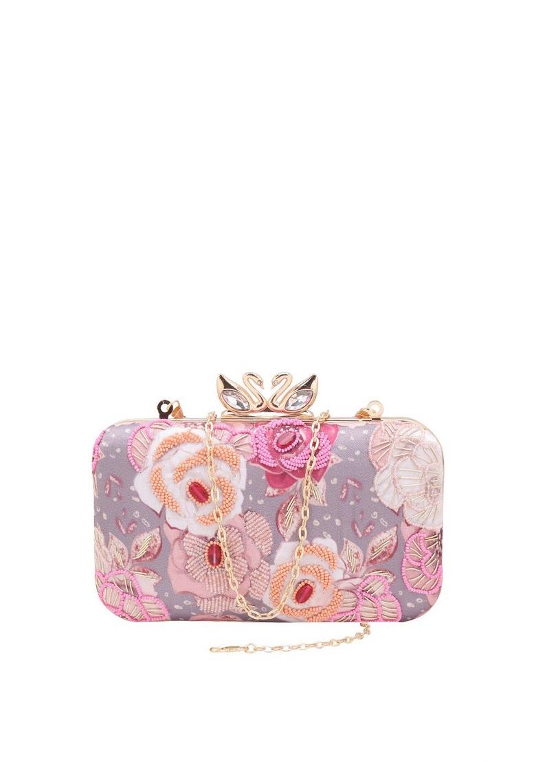 Printed Floral Embellished Box Clutch