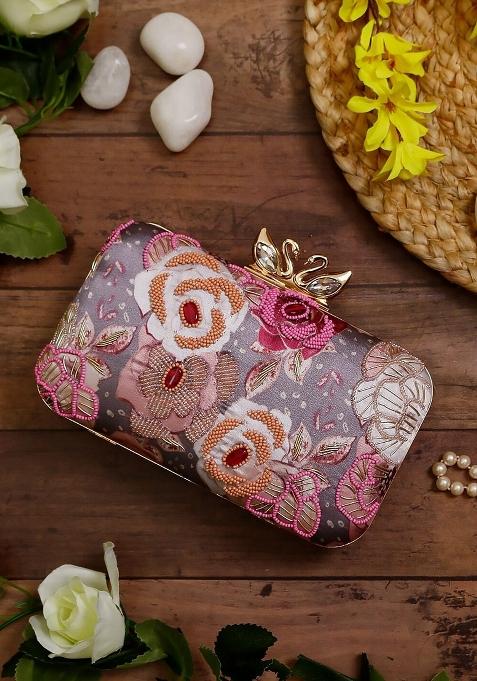 Printed Floral Embellished Box Clutch