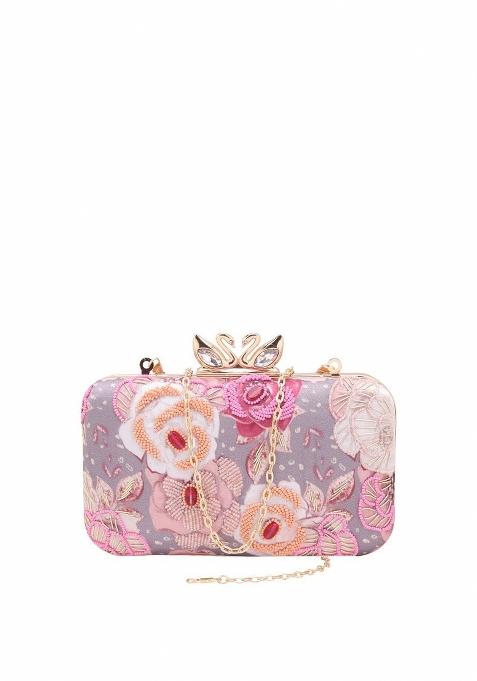 Printed Floral Embellished Box Clutch