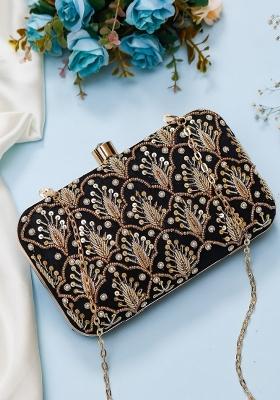 Black Gold Toned Embroidered Box Clutch