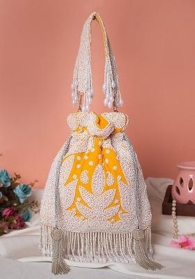 Yellow White Embroidered Potli