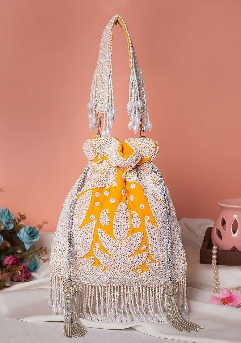 Yellow White Embroidered Potli - Indya