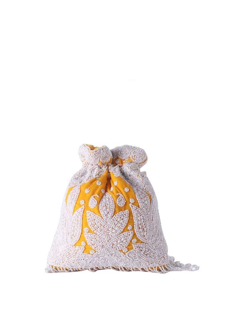 Yellow White Embroidered Potli - Indya