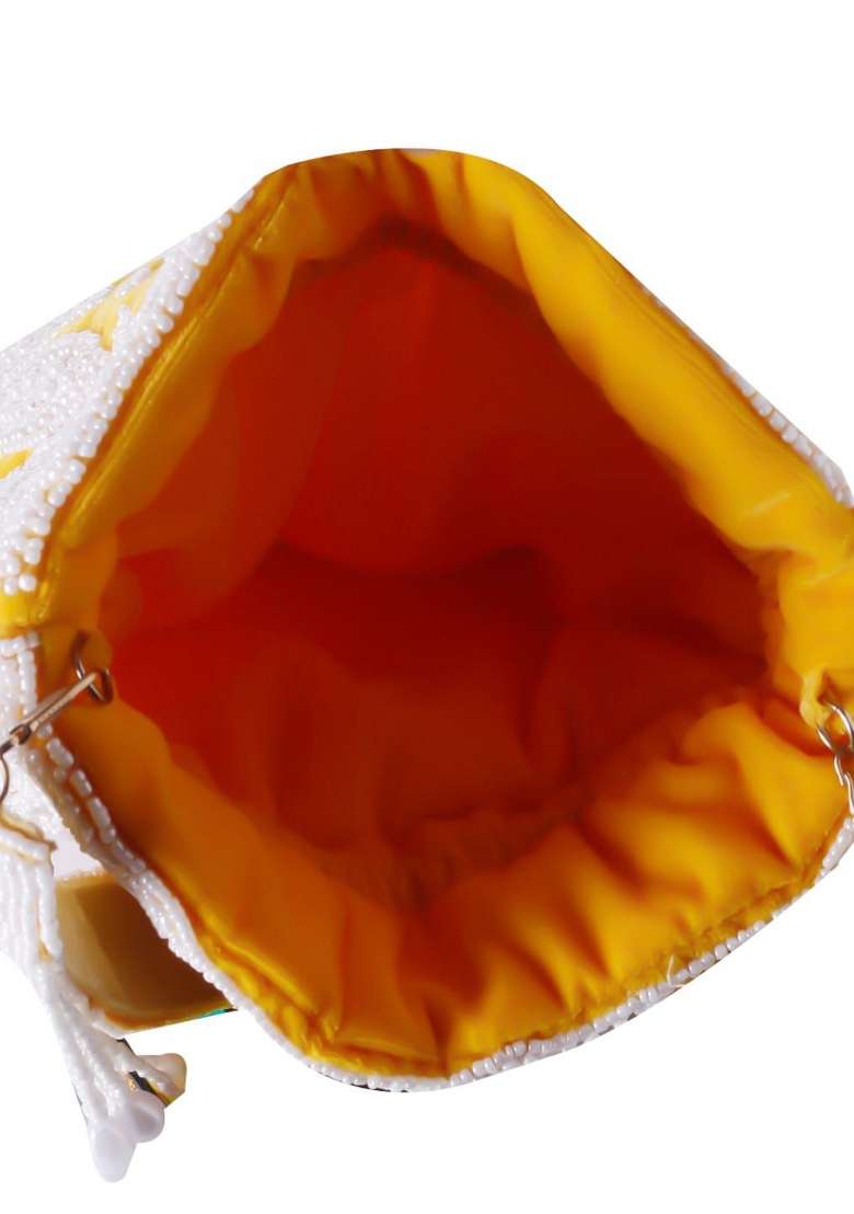 Yellow White Embroidered Potli - Indya