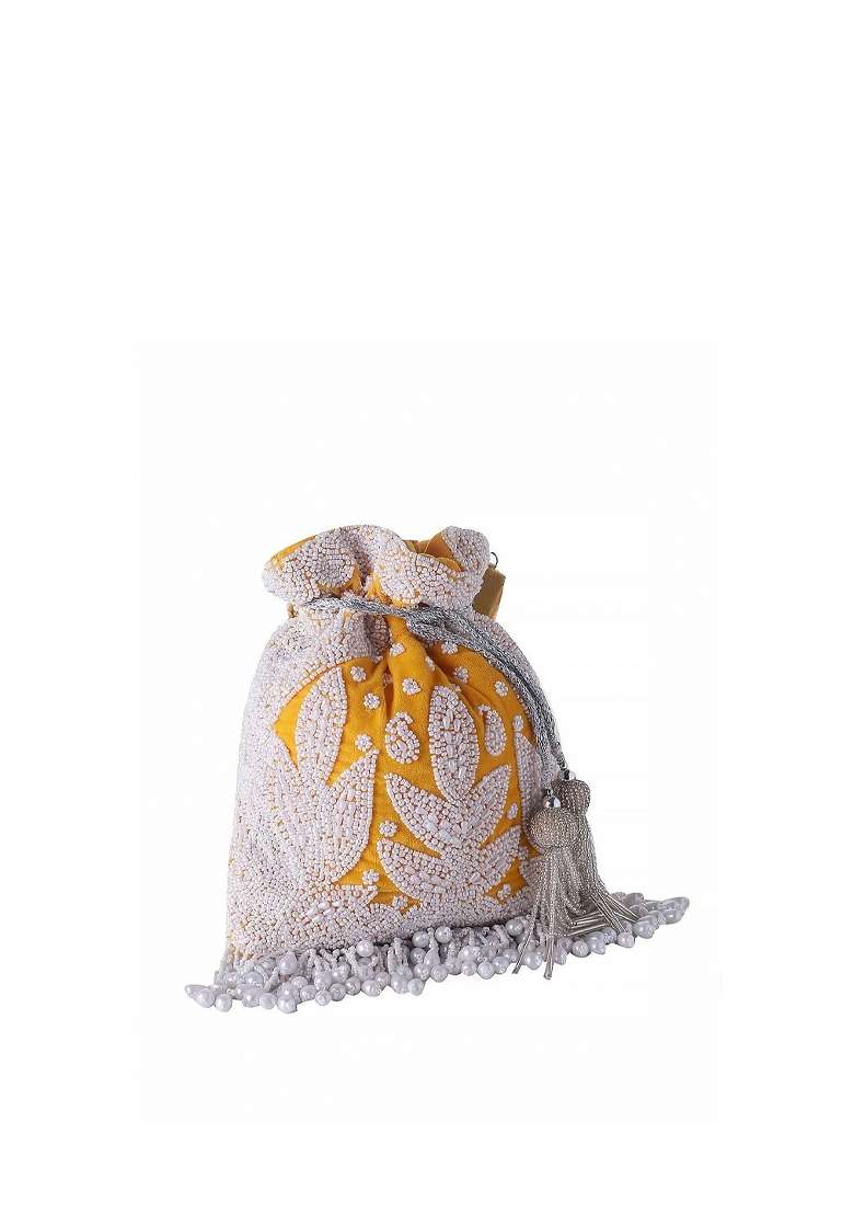 Yellow White Embroidered Potli - Indya