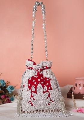 Red White Embroidered Potli