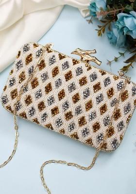 Gold Toned Brown Embellished Box Clutch