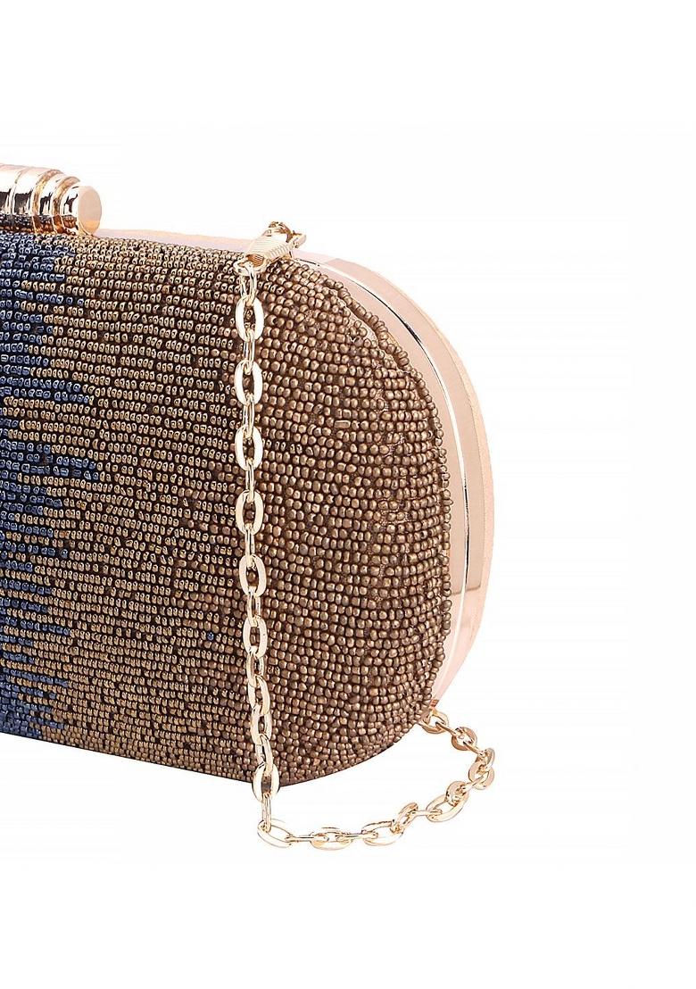 Beige Green Embellished Box Clutch - Indya