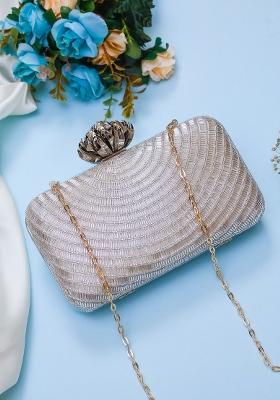 Silver Toned White Embellished Box Clutch