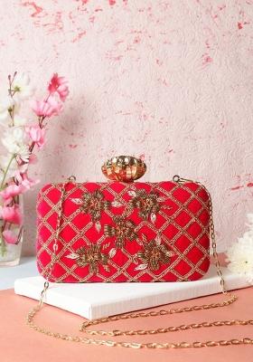 Pink Copper Toned Embroidered Purse Clutch