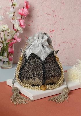 Grey Cream Coloured Embellished Potli