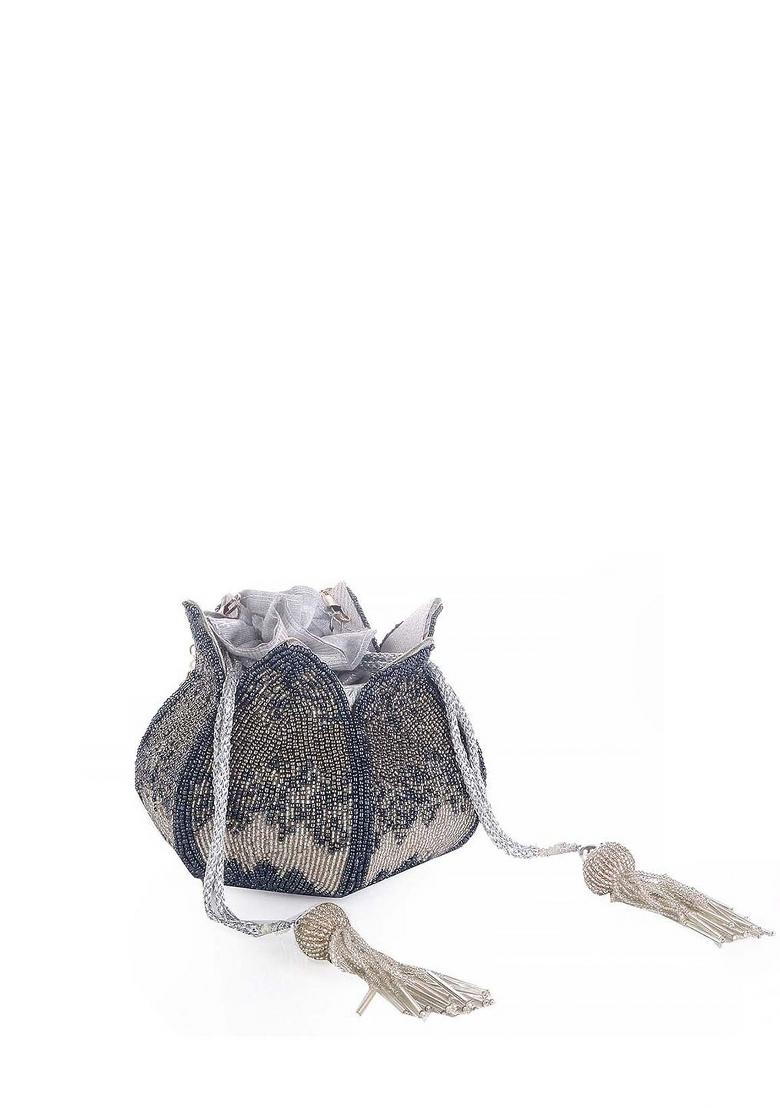 Grey Cream Coloured Embellished Potli