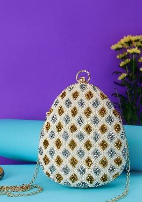 Beige White Embroidered Buckle Detail Box Clutch