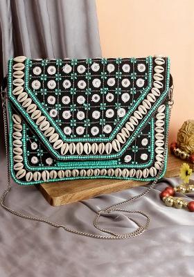 Green White Embroidered Envelope Clutch