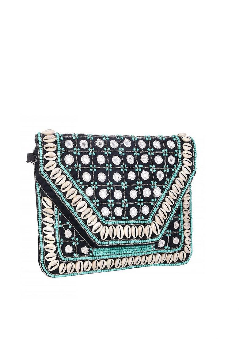 Green White Embroidered Envelope Clutch