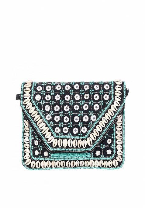 Green White Embroidered Envelope Clutch