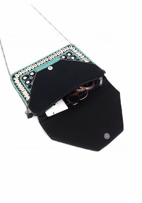 Green White Embroidered Envelope Clutch